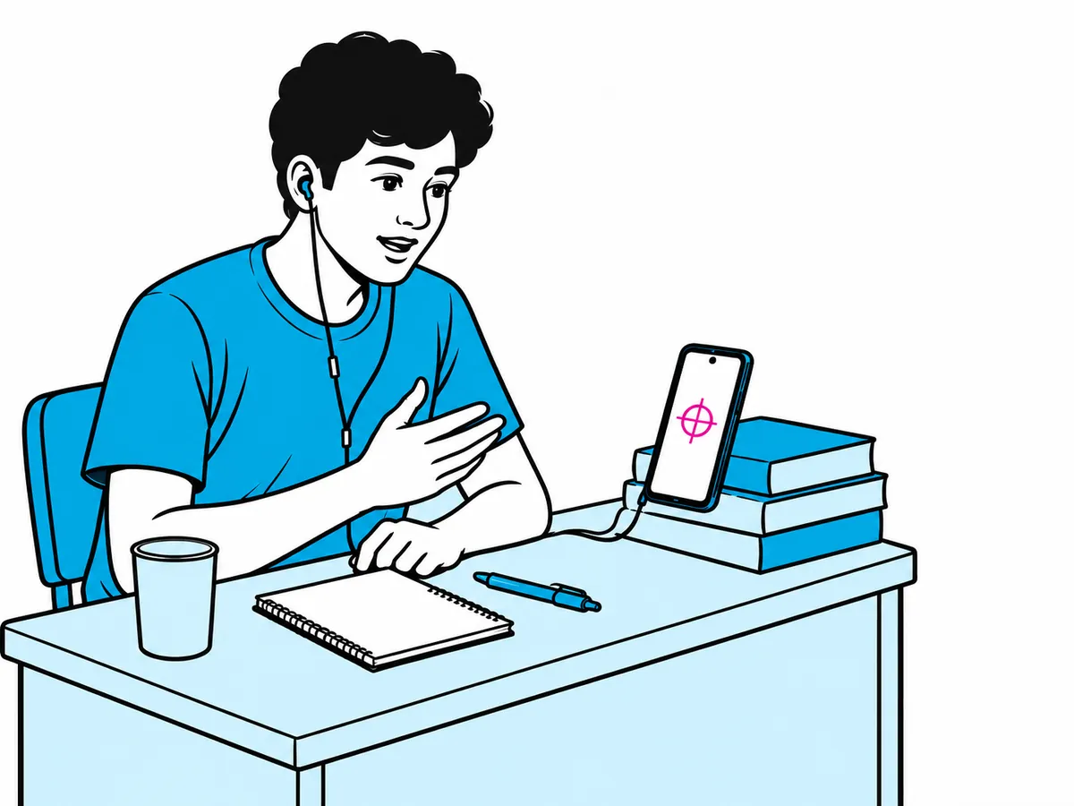 A student at a desk with earphones in, answering out loud to a phone propped against a stack of books.
